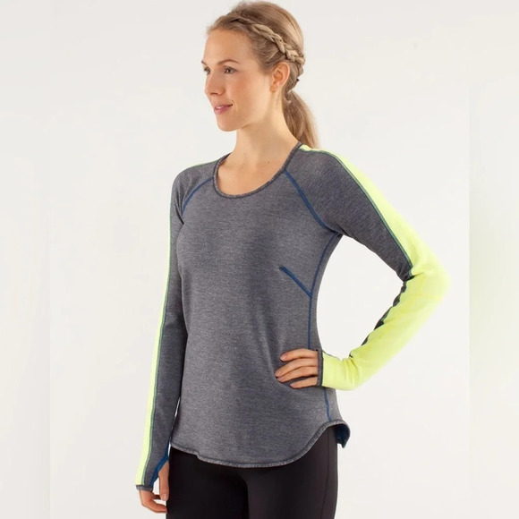 Lululemon Runder Under Long Sleeve Limitless Blue/Heathered Coal/Yellow 8 - Picture 1 of 13